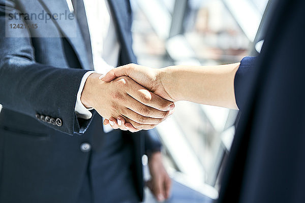 Close-up of handshake of businesswoman and businessman