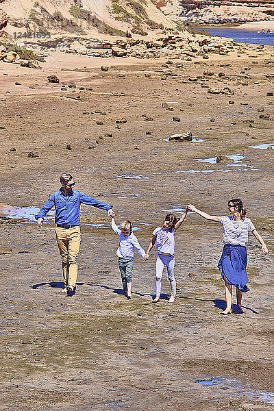 Australia  Adelaide  Onkaparinga River  happy family walking together hands in hands at beach