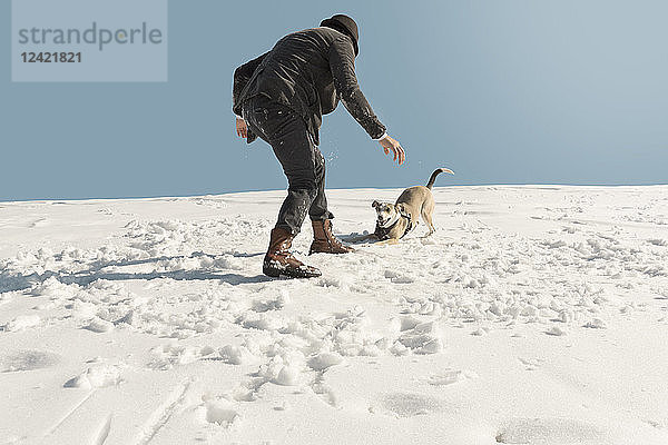 Man playing with dog in winter  having fun in the snow