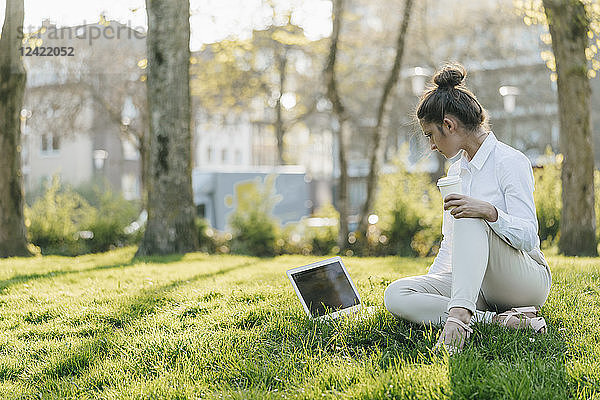 Young businesswoman taking break  using laptop  sitting in grass and drinking coffee