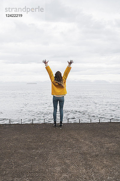 Iceland  woman standing at the sea with raised arms