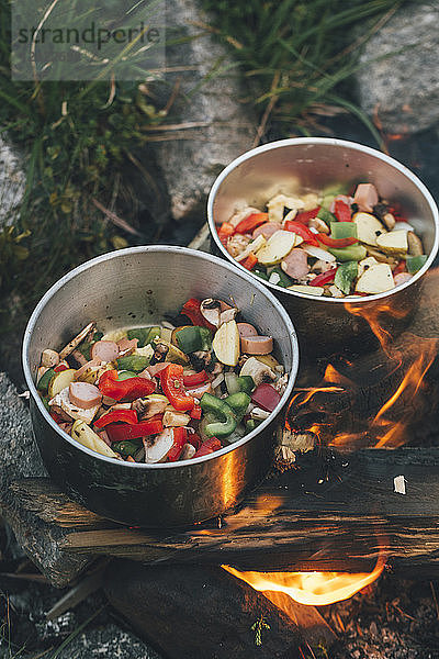 Norway  Lofoten  Moskenesoy  Food cooking on camp fire