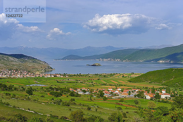 Albania  Prespa National Park  Lake Prespa with Maligrad Island and villages Lejthize and Liqenas  Greece and Macedonia in the background
