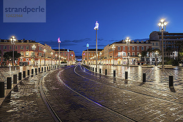 France  Provence-Alpes-Cote d'Azur  Nice  tramway on Place Massena at blue hour