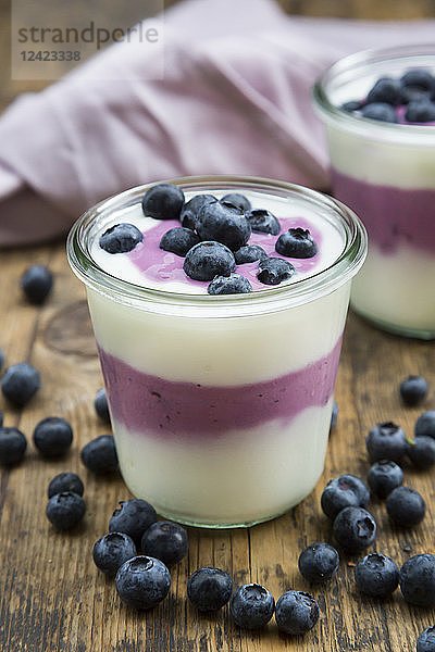 Blueberry yogurt curd dessert on wood
