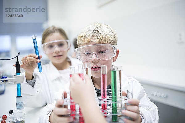 Pupils experimenting with test tubes in science class
