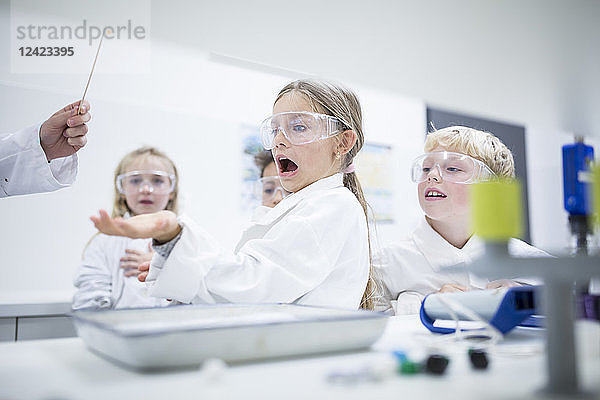 Frightened schoolgirl in science class