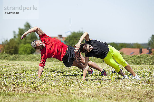 Couple doing side plank exercise on meadow