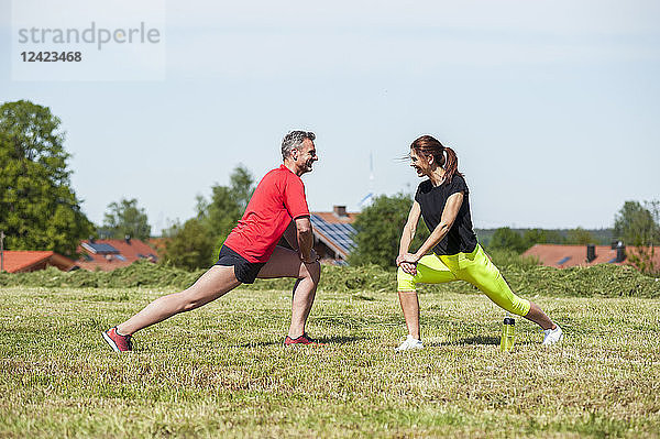 Couple doing stretching exercise on meadow