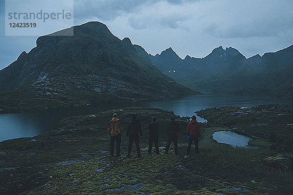 Norway  Lofoten  Moskensoy  Five young man looking at Agvatnet lake at dawn