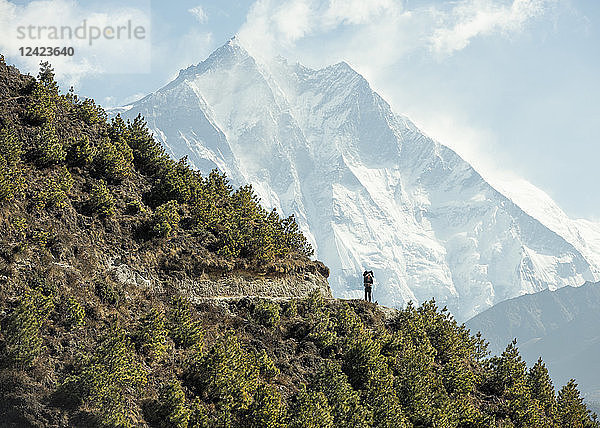 Nepal  Solo Khumbu  Everest  Sagamartha National Park  Man looking at Mount Everest