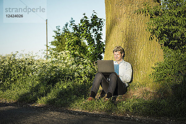 Businessman leaning against a tree using laptop