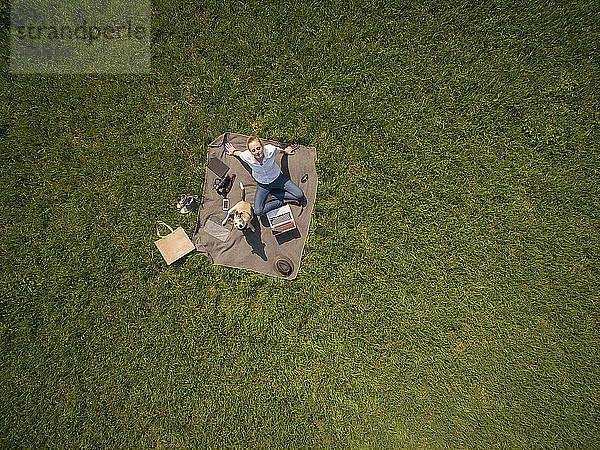 Bird's eye view of woman sitting on blanket on meadow with dog and laptop