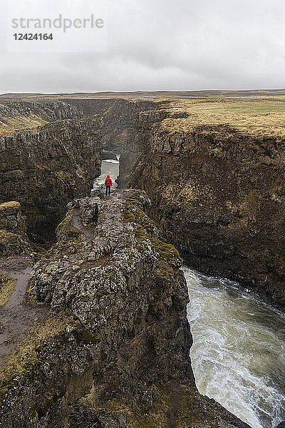 Iceland  North of Iceland  hiker looking to canyon