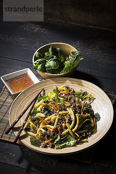 Asian mincemeat salad with macaroni  ginger  chili  garlic  carrot  spring onion  soy lemon sauce