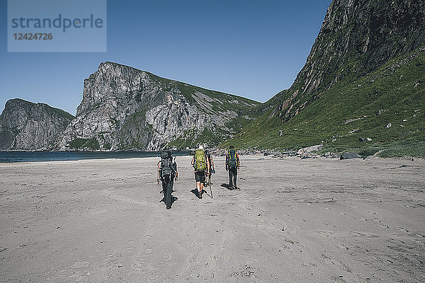 Norway  Lofoten  Moskenesoy  Young men hiking to Kvavika Beach