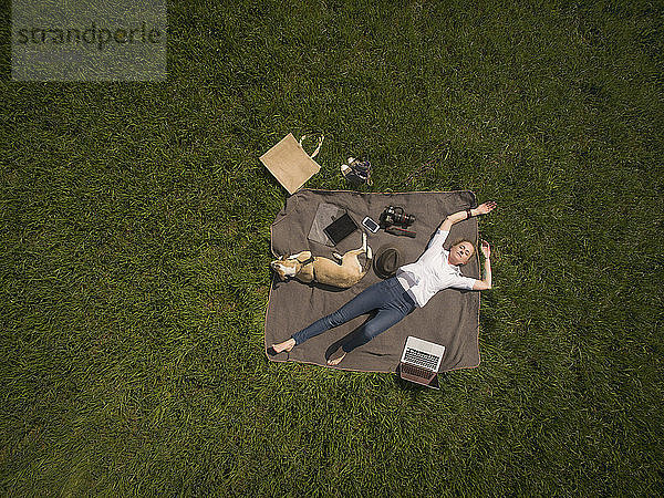Bird's eye view of woman lying on blanket on meadow with dog and utensils