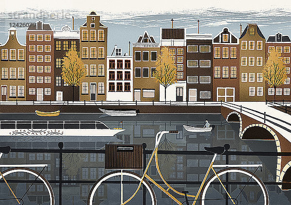 Illustration einer traditionellen Straße an einer Gracht in Amsterdam