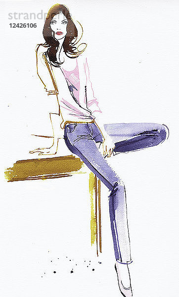 Mode-Illustration einer Frau in Jeans  die sich an einen Tisch lehnt