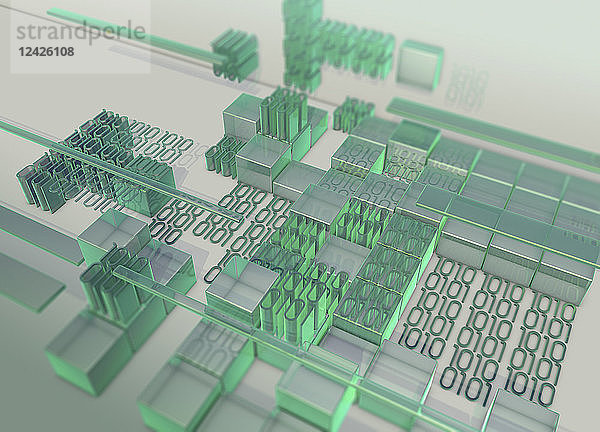 Blöcke von grünen Binärcode-Daten bilden eine unebene Oberfläche
