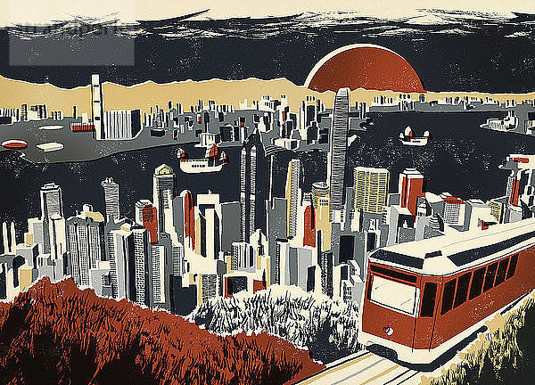 Illustration des Victoria Harbour und der Wolkenkratzer in Hongkong
