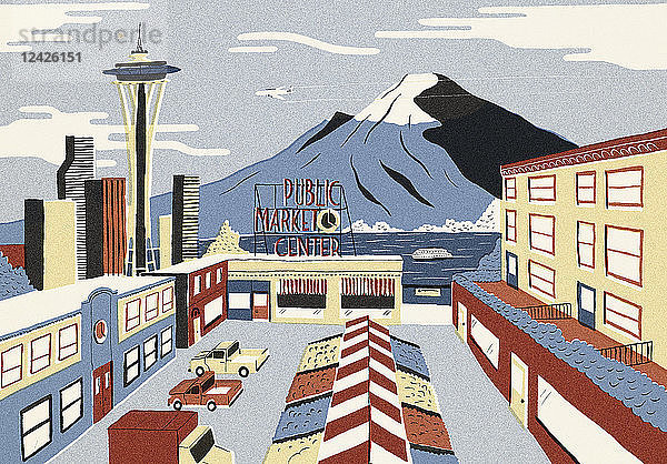 Illustration berühmter Wahrzeichen in Seattle  Washington State