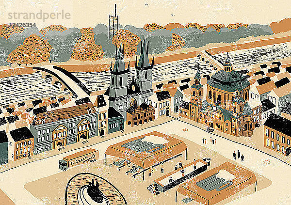 Illustration des Altstädter Ringes und der Prager Wahrzeichen