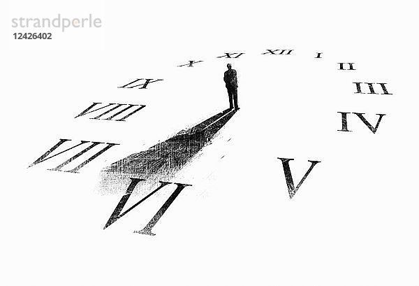 Der Schatten eines Mannes formt Uhrzeiger auf einem Ziffernblatt
