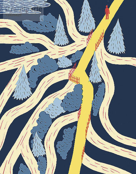Mann mit klarem Weg in einem Labyrinth von Wegen