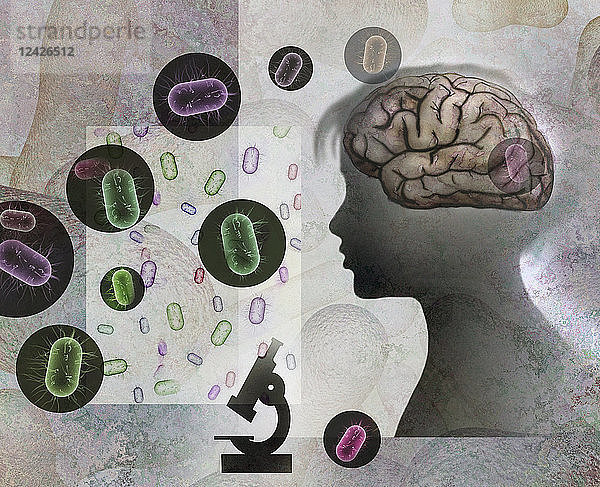 Biomedizinische Illustration des Gehirns und der Bakterien eines Kindes