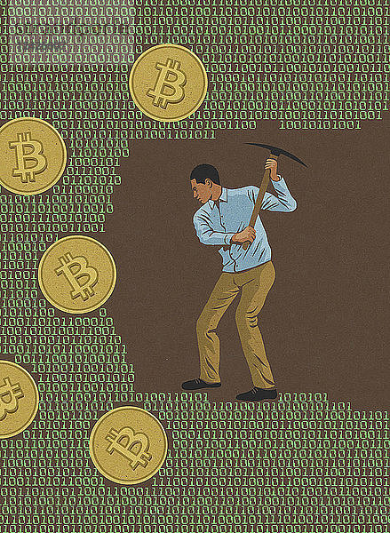 Mann schürft Bitcoins im Computercode