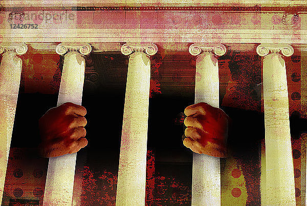 Häftling hinter den Gitterstäben des Gerichts