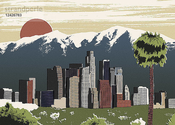 Illustration des Stadtbilds von Los Angeles vor Berggipfeln