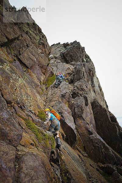Bergsteiger steigen eine Rinne hinauf  um den Gipfelkamm des Foley Peak zu erreichen  British Columbia  Kanada