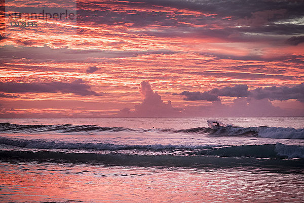 Surfer reitet Welle im Meer unter stimmungsvollem Himmel bei Sonnenuntergang  Oahu  Hawaii-Inseln  USA
