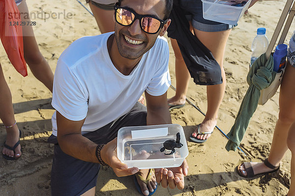 Lächelnder männlicher Tourist mit Sonnenbrille und T-Shirt  der eine Schachtel mit einer Baby-Schildkröte hält  Kuta  Bali  Indonesien