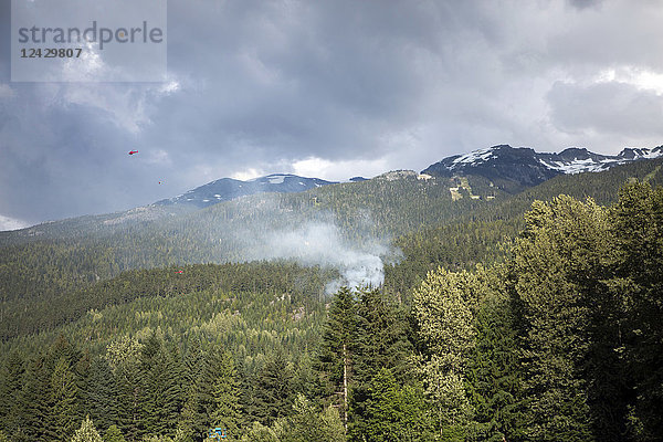Blick auf Rauch von einem Waldbrand in den Bergen von Whistler  British Columbia  Kanada