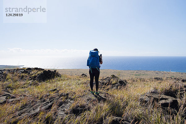 Rückansicht einer Wanderin  die auf dem Keauhou Trail von Halape zur Chain of Craters Road im Hawaii Volcanoes National Park auf Big Island  Hawaii  USA wandert