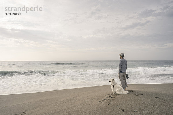 Mann mit Hund am Strand stehend und mit Blick auf das Meer