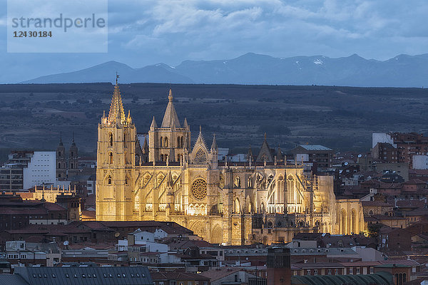 Außenansicht der Kathedrale von Leon bei Sonnenuntergang  Leon  Kastilien und Leon  Spanien