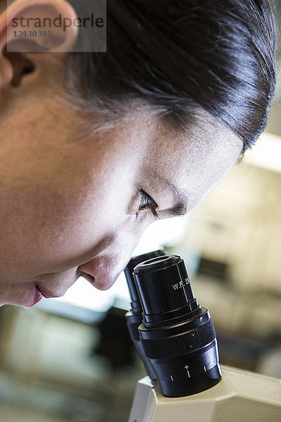 Eine kaukasische Technikerin  die mit einem Mikroskop ein Teil in einer technischen Forschungs- und Entwicklungsstätte untersucht.