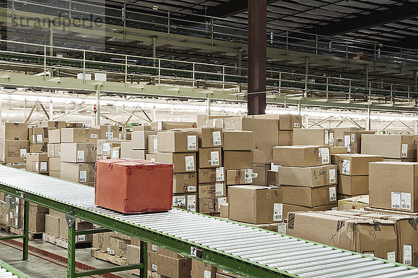 Förderbandsystem und Kartons mit Produkten in einem Vertriebslager.