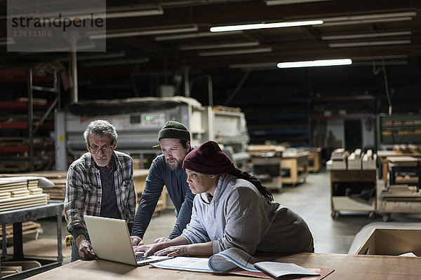 Drei gemischtrassige Schreiner  die nach Feierabend in einer großen holzverarbeitenden Fabrik an einem Laptop-Computer arbeiten.