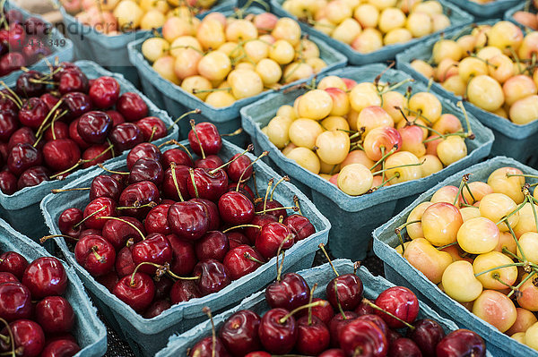 Hochwinkel-Nahaufnahme von Körbchen mit frischen roten und gelben Kirschen auf einem Obst- und Gemüsemarkt.auf einem Obst- und Gemüsemarkt.