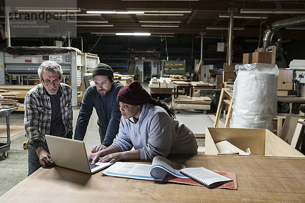 Drei gemischtrassige Schreiner  die nach Feierabend in einer großen holzverarbeitenden Fabrik an einem Laptop-Computer arbeiten.