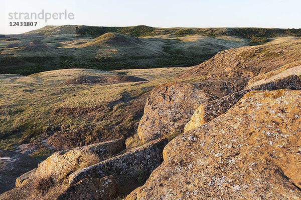 Felsformationen und sanfte Hügel in der Dämmerung  Grasland-Nationalpark  Saskatchewan  Kanada.