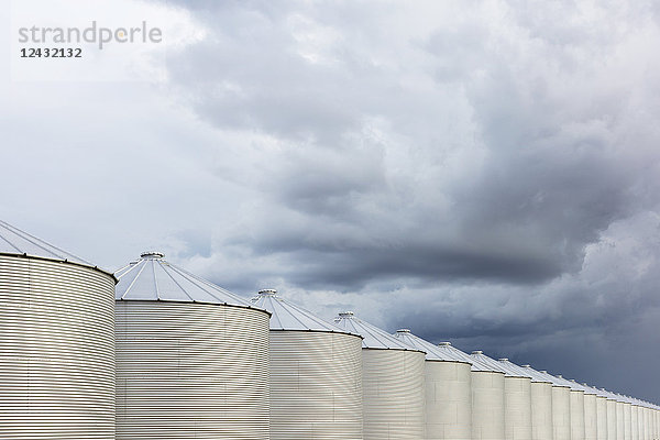 Reihen von Getreidesilos  stürmischer Himmel in der Ferne  Saskatchewan  Kanada.