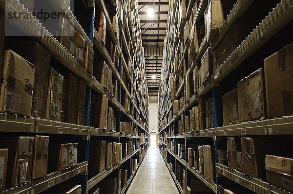 Blick in einen Gang mit Regalen  in denen Kartons mit Produkten auf Paletten in einem großen Vertriebslager stehen