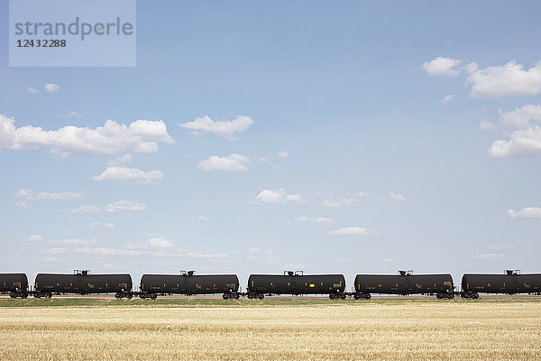 Ölzugwagen und brachliegendes Ackerland  in der Nähe von Swift Current  Saskatchewan  Kanada.