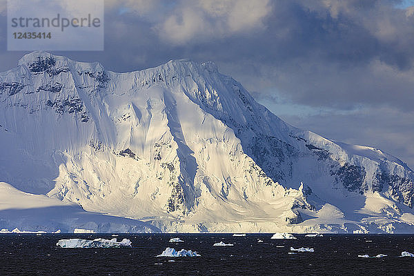 Gerlache Strait Berge  Gletscher und Eisberge  später Abend vor Sonnenuntergang  Antarktische Halbinsel  Antarktis  Polarregionen